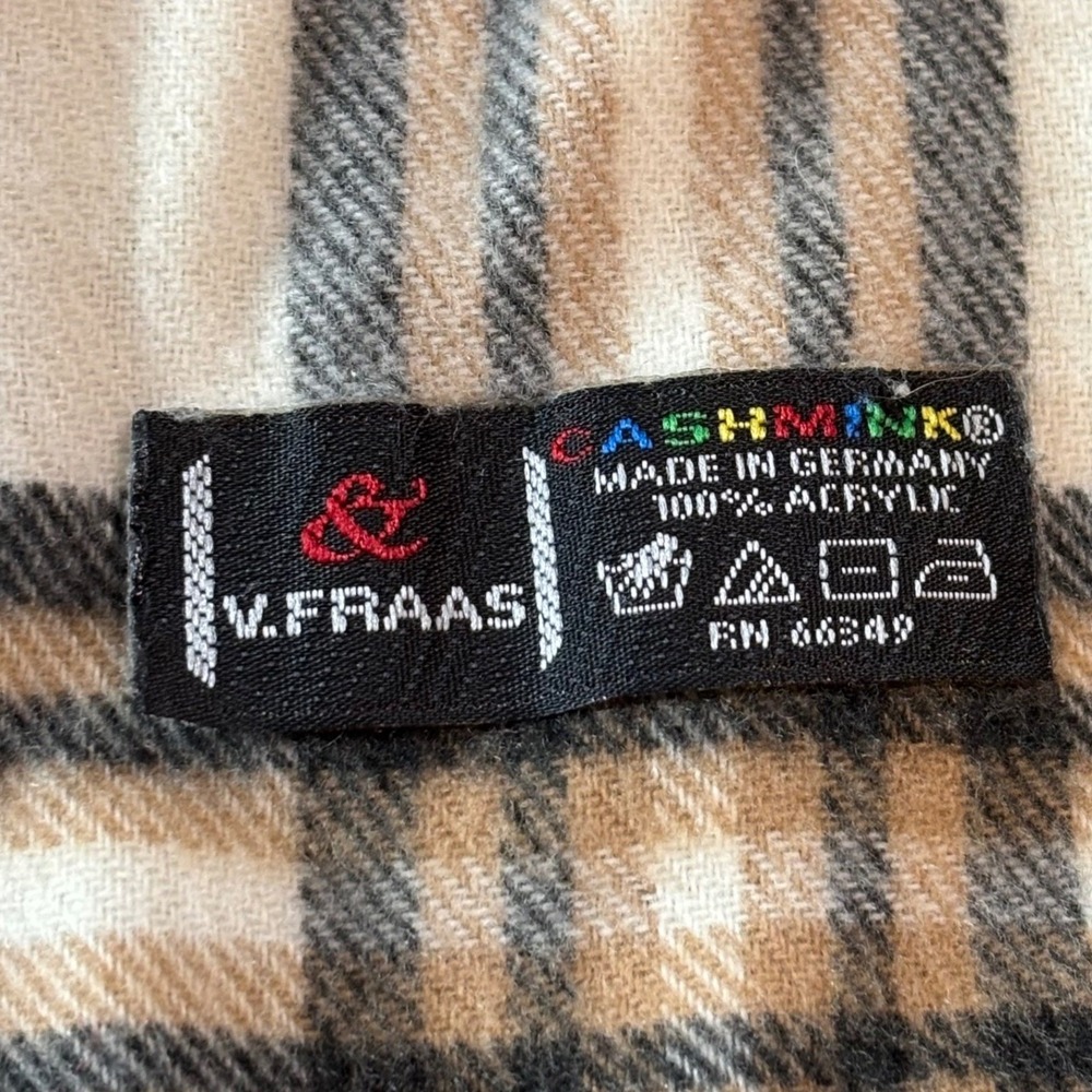 V. Fraas Cashmink Plaid Scarf Cream Tan Red Black Made in Germany‎ Unisex 64x12